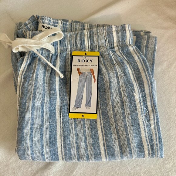 Roxy Women's Linen Blend Cargo Pant Size S Blue Cottagecore Coastal Boho Beach - Picture 14 of 15